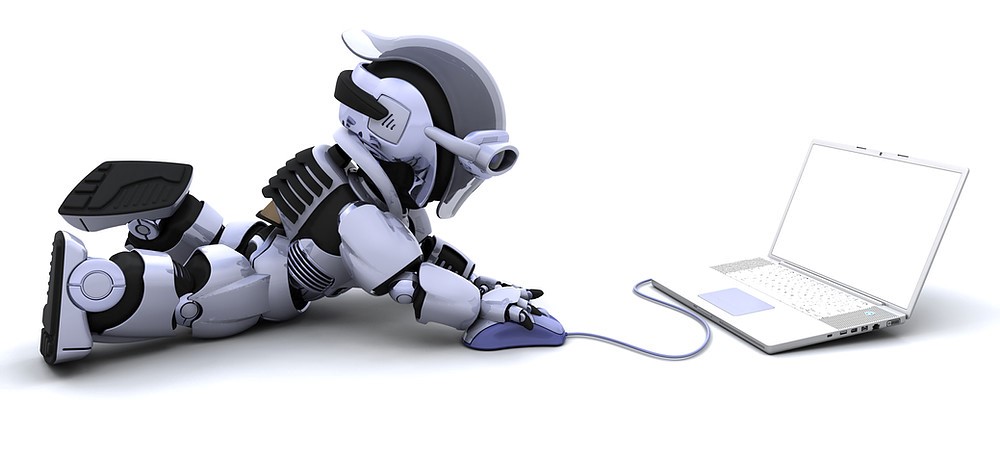 AI robot working at a laptop